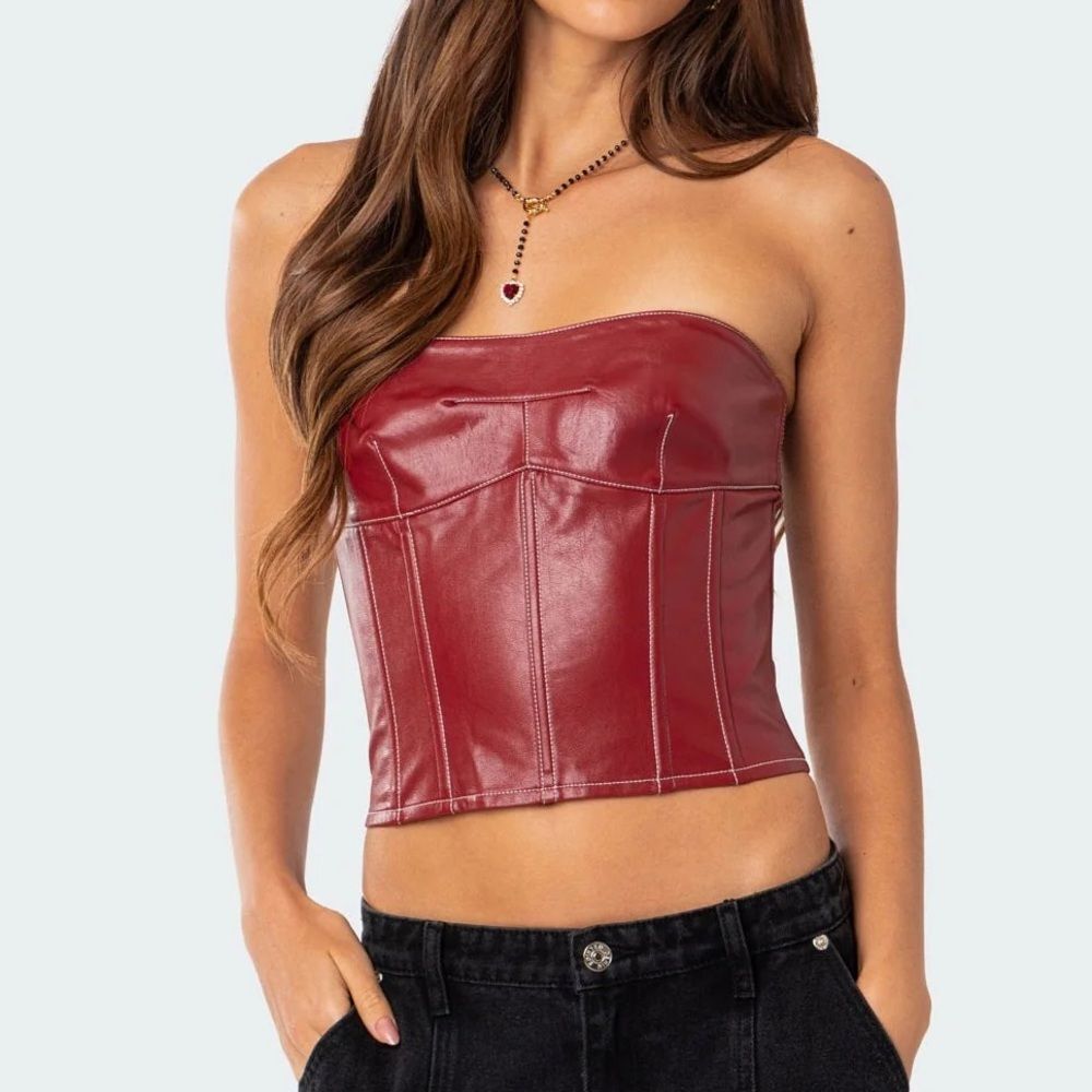 Edikted Moss Faux Leather Lace Up Corset Burgundry NEW Medium